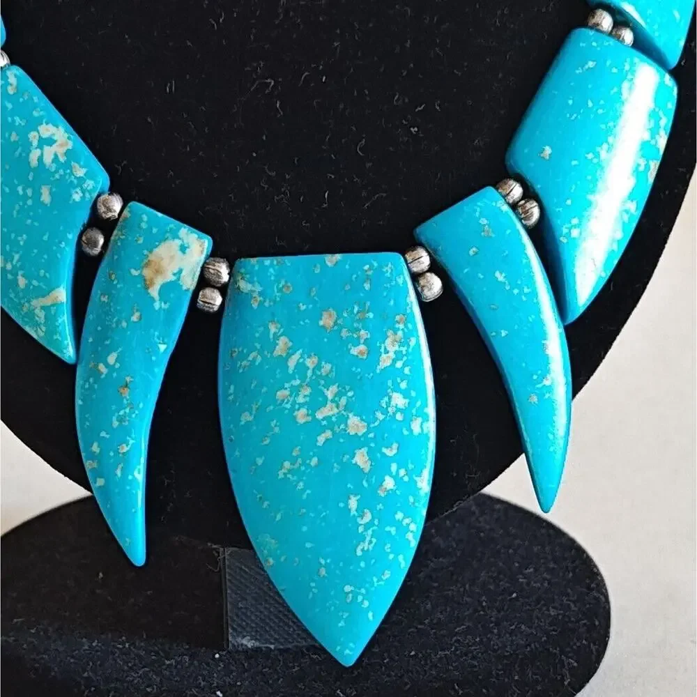 Blue Turquoise Statement Necklace Gold Art Deco Resin‎ Chunky Tribal Choker 8 in